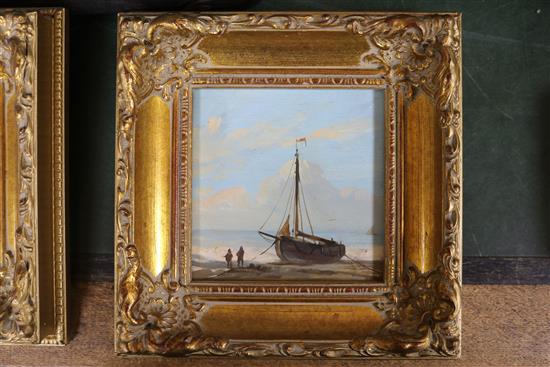 A set of 3 oils on board of beached fishing boats, largest 11 x 22cm